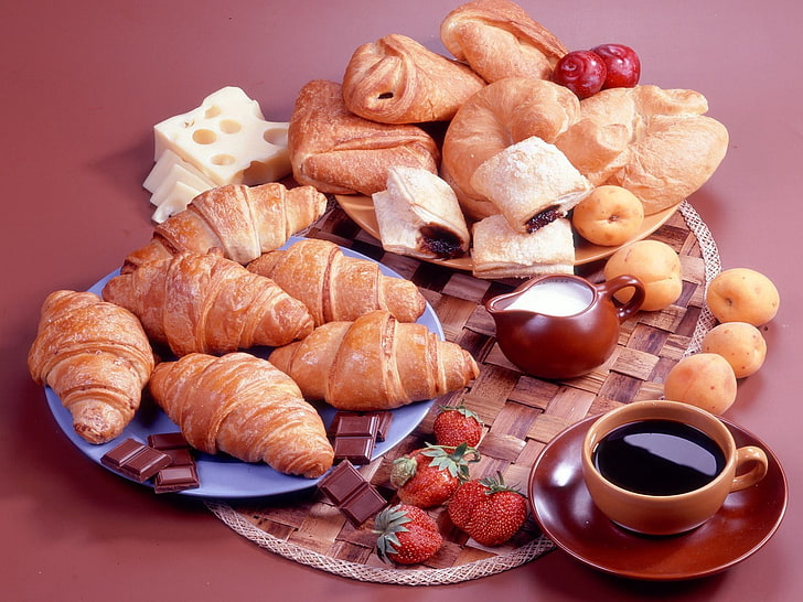 croissant bread lot, croissants, chocolate, strawberry, tea, food and drink