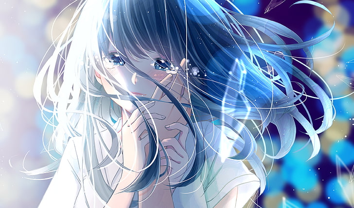 anime girl, crying, romance, long hair, tears, hands, close-up