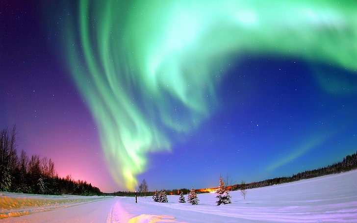 green northern lights, winter, stars, aurorae, snow, landscape, HD wallpaper