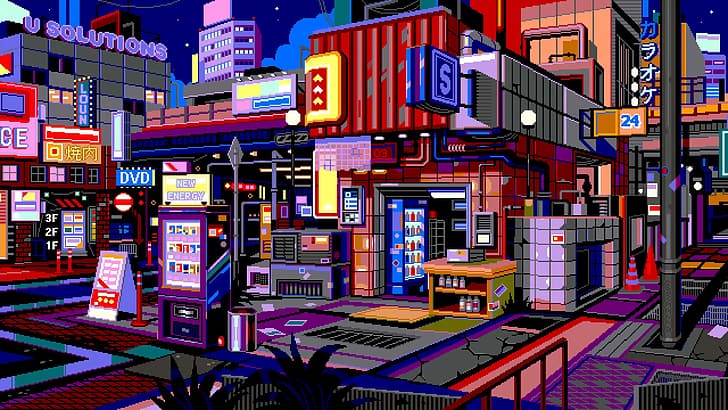 waneella, pixel art, cyberpunk, city, night, lights, neon