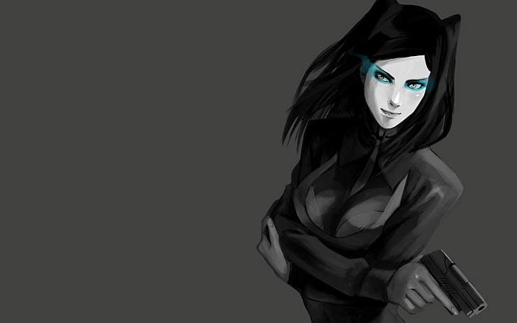 anime girls, Ergo Proxy, selective coloring, weapon, gun, simple background, HD wallpaper