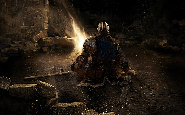 knight sitting while holding sword facing bonfire wallpaper, Dark Souls