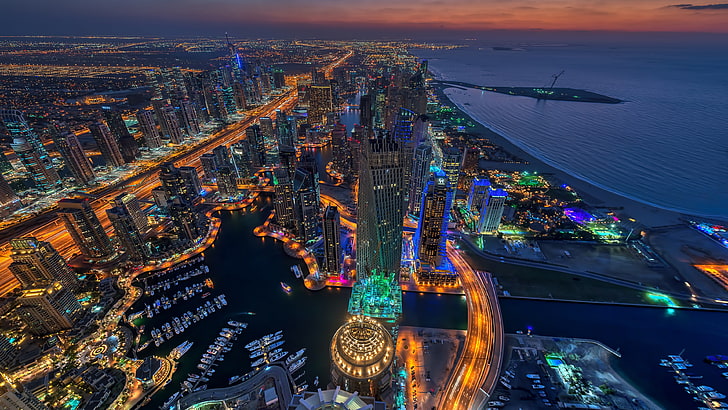 city lights, cityscape, metropolitan area, dubai marina, metropolis, HD wallpaper