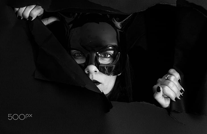500px, mask, face, women, monochrome, Catwoman, HD wallpaper