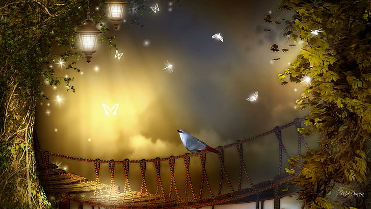 Bird On Rope Bridge, mist, papillon, fall, leaves, butterfly