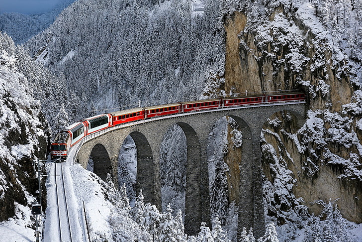 red and white train, railway, bridge, winter, snow, trees, forest, HD wallpaper
