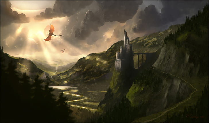 Fantasy, Dragon, Castle, Cloud, Landscape, Path, Sunbeam, HD wallpaper