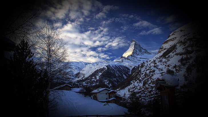 mountains, nature, house, Matterhorn, landscape, trees, snow