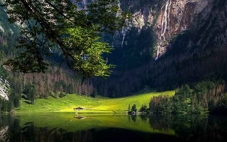 lake, green leaf plants, and brown mountains, landscape, nature