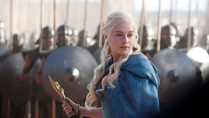 women's blue coat, Daenerys Targaryen, Emilia Clarke, TV, Game of Thrones