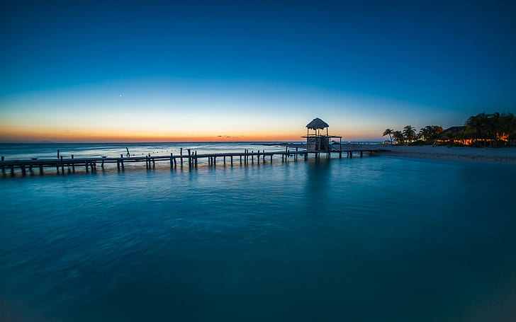 Nature, Beach, Sunset, Walkway, Tropical, Sea, Palm Trees, Landscape, Blue, Water, Mexico, Island