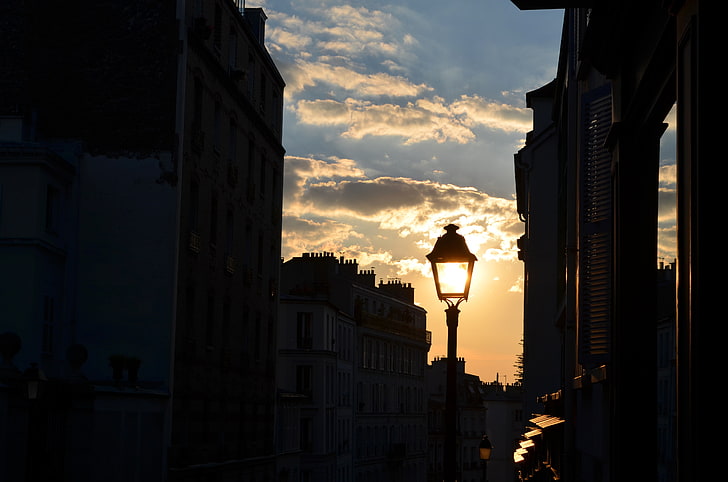 Paris, France, night, nature, Sun, sunset, clouds, sky, building