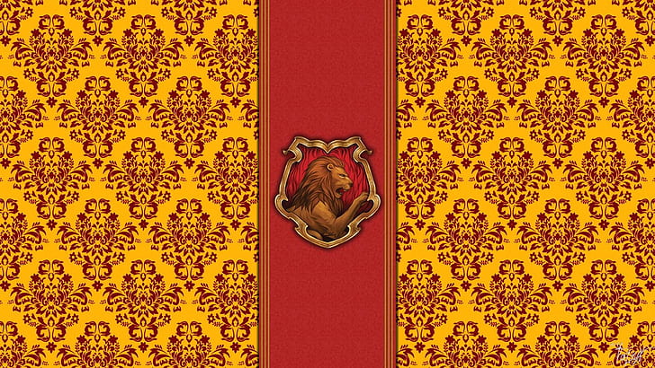 red, Leo, emblem, Harry Potter, gold, Hogwards, Hogwarts, Gryffindor, HD wallpaper