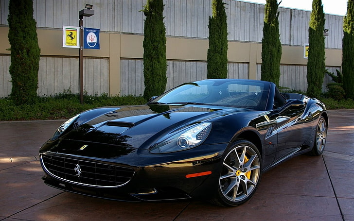 black Ferrari convertible sports car, Ferrari California, vehicle