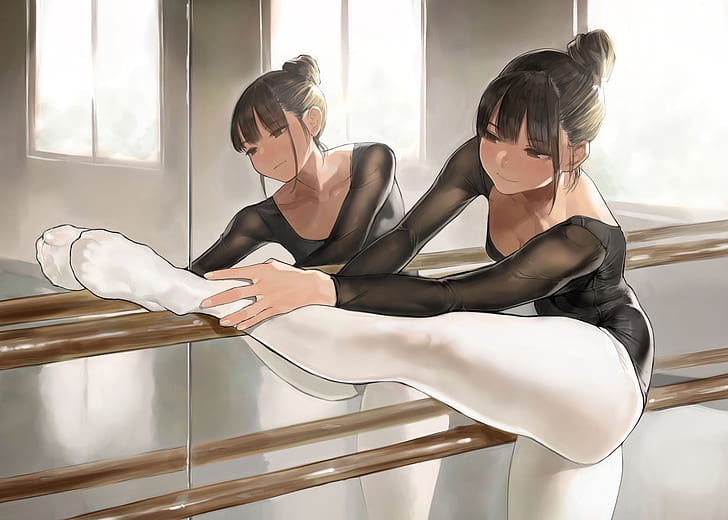 anime girls, reflection, legs, ballerina, mirror, curvy, HD wallpaper