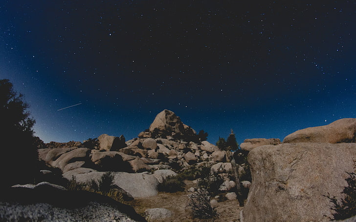 brown rock formation, rocks, night, starry night, nature, sky, HD wallpaper