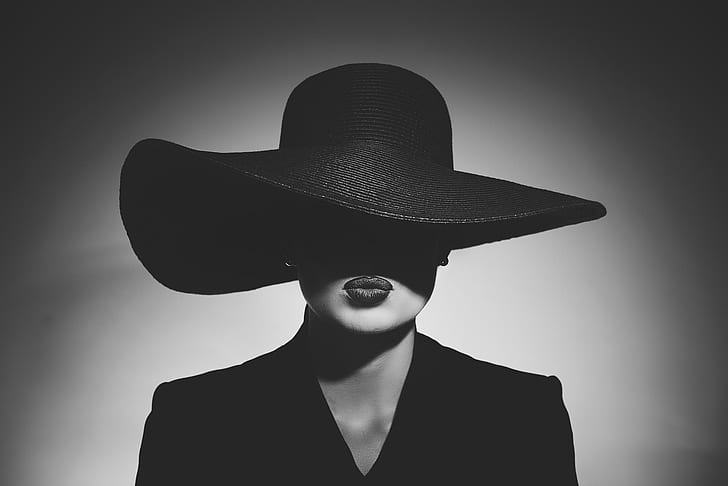 style, retro, black and white, shadow, lighting, lips, hat