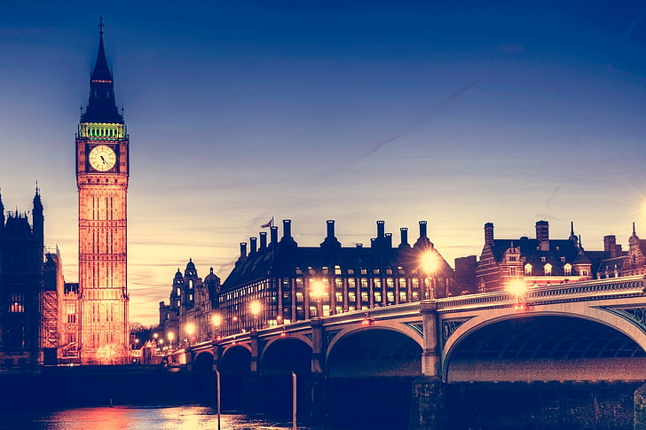 Big Ben, London, night, river, bridge, Westminster, city lights