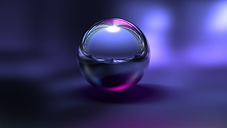 3d, ball, purple, reflection, graphics, metal, sphere, HD wallpaper