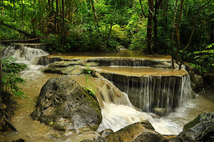 Green Thailand Parks Waterfalls Forest Stones Erawan Nature River Desktop Images