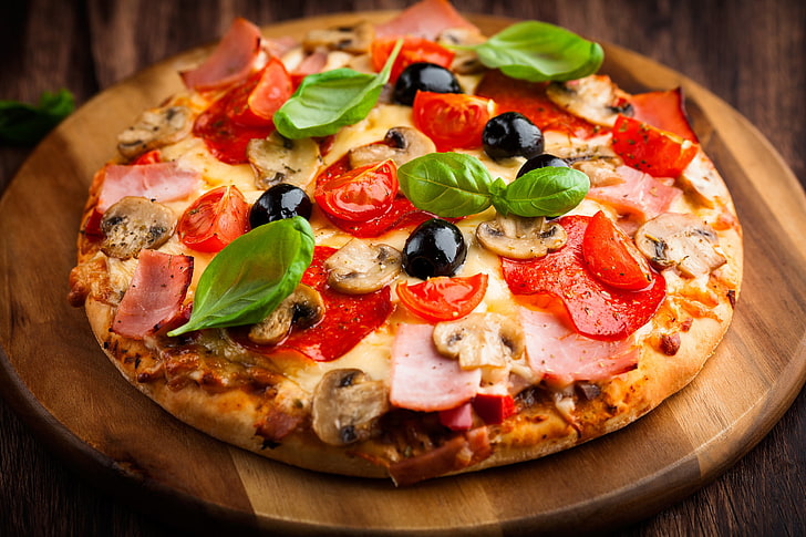pepperoni pizza, food, Italy, cheese, tomato, wood - Material, HD wallpaper