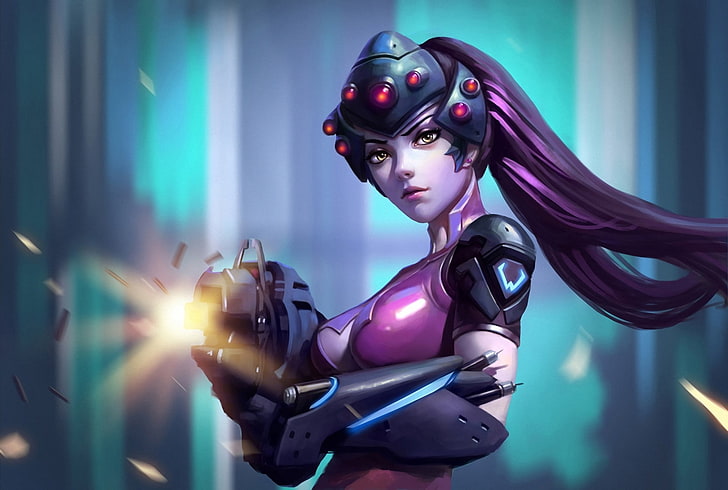 purple-haired holding gun character, Overwatch, Blizzard Entertainment, HD wallpaper