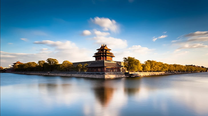 green trees, water, Beijing, China, Asian architecture, reflection, HD wallpaper