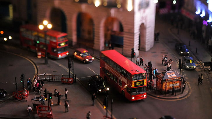 vehicle, buses, tilt shift, London, UK, doubledecker