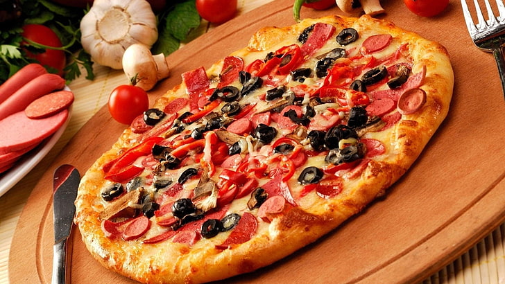pepperoni pizza, batch, knife, fork, food, tomato, cheese, vegetable