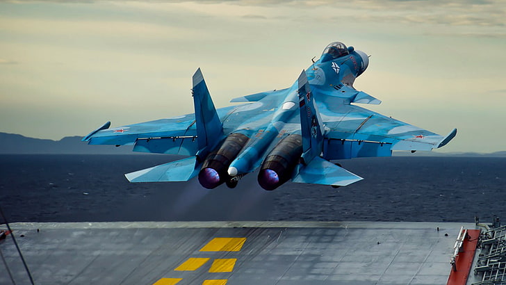 gray and blue jet plane, the carrier, the rise, Sukhoi, Su-33