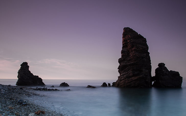 black rock formation, beach, water, nature, sea, sky, scenics - nature, HD wallpaper