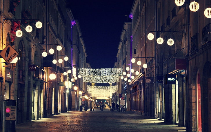 white string lights, city, night, street, glare, urban Scene