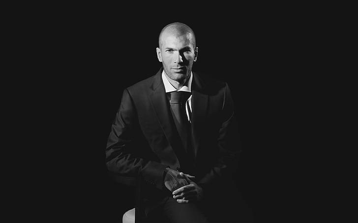 Zinedine Zidane Black and White, man in black formal suit, france, HD wallpaper