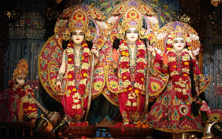 Hd Wallpaper Lord Rama With Sita And Lakshmana Red And Yellow Garlands God Wallpaper Flare