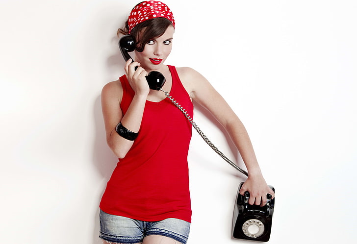 women's red tank top, girl, retro, mood, modern, phone, beautiful