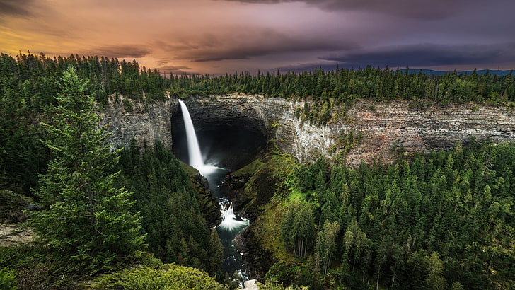 waterfalls, nature, landscape, forest, trees, clouds, British Columbia, HD wallpaper