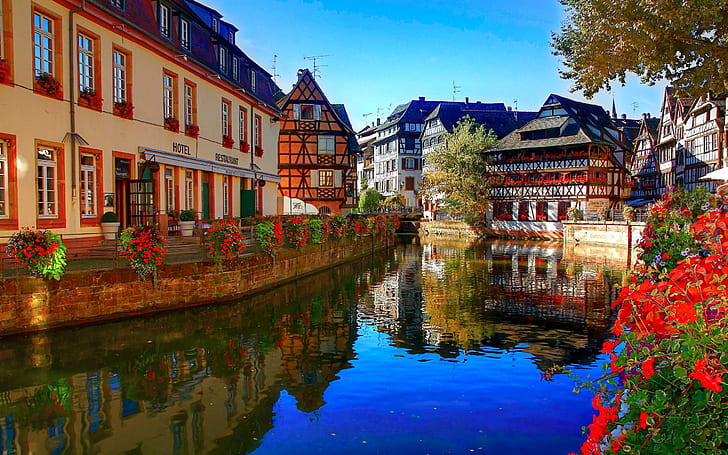 Strasbourg, France, river, flowers, restaurant, houses, HD wallpaper