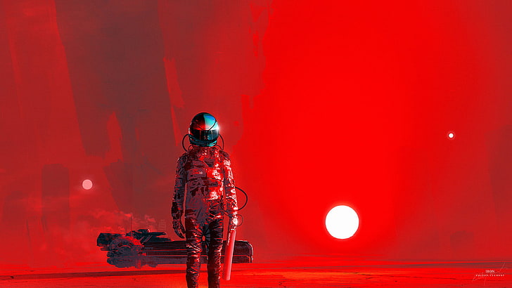 person in red overall wallpaper, Kuldar Leement, red background