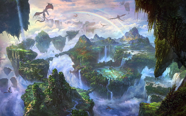 green island, fantasy art, landscape, dragon, rainbows, waterfall, HD wallpaper