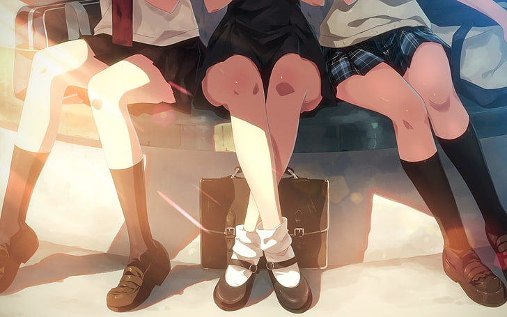 anime wallpaper, socks, shoes, skirt, school uniform, original characters