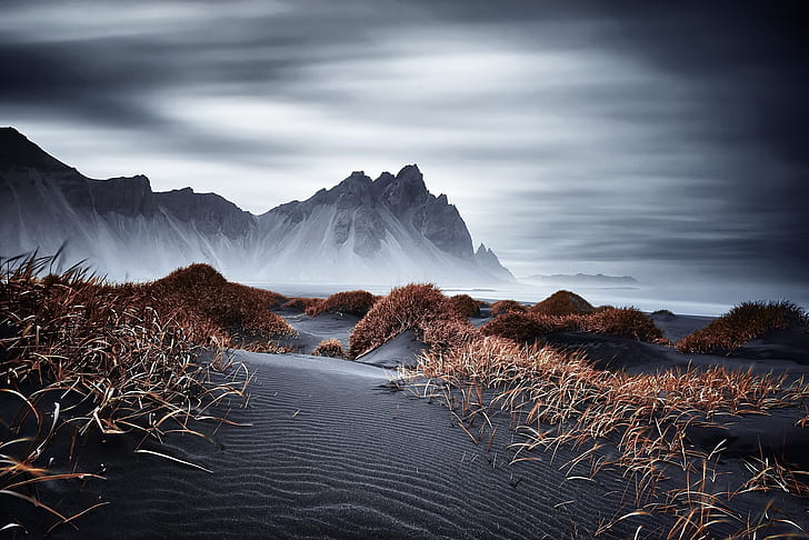 Dark, Iceland, mountains, nature, Vestrahorn, HD wallpaper