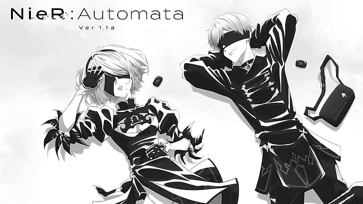 anime, anime boys, anime girls, minimalism, monochrome, Nier: Automata