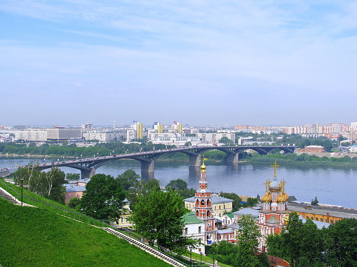 gray concrete bridge, russia, bridges, sky, nizhny novgorod, cityscape, HD wallpaper