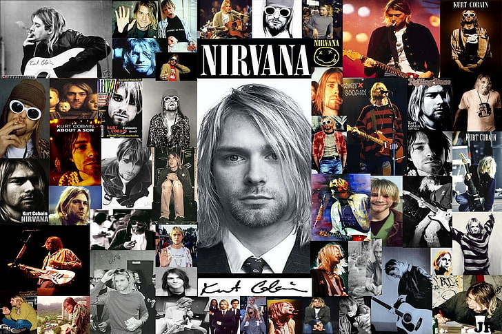 Nirvana collage photos, Band (Music), human representation, male likeness, HD wallpaper