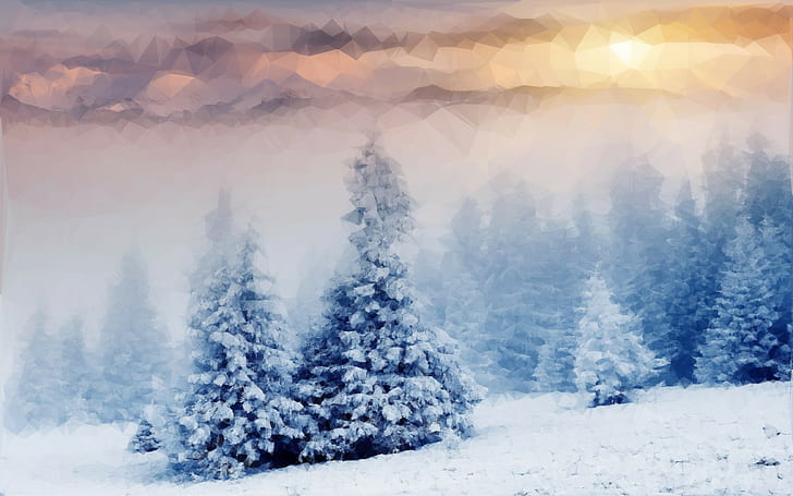 nature, snow, trees, Sun, polygon art, clouds, HD wallpaper