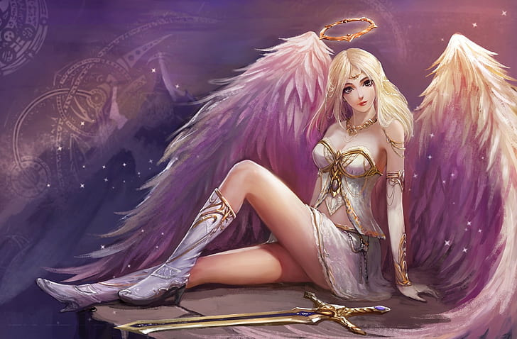 angel, fantasy art, fantasy girl, wings, legs, blonde, sword, HD wallpaper
