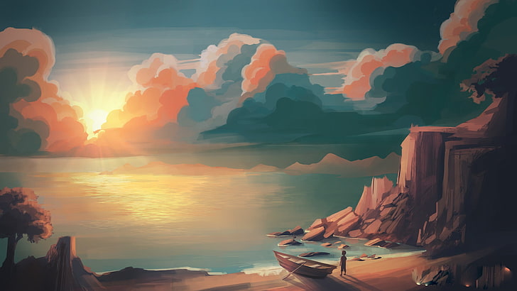 boy standing near boat on seasshore painting, illustration, sunset