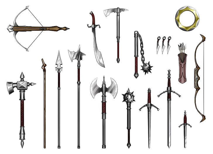 assorted vintage weapons illustration, bow, arrows, quiver, scimitar