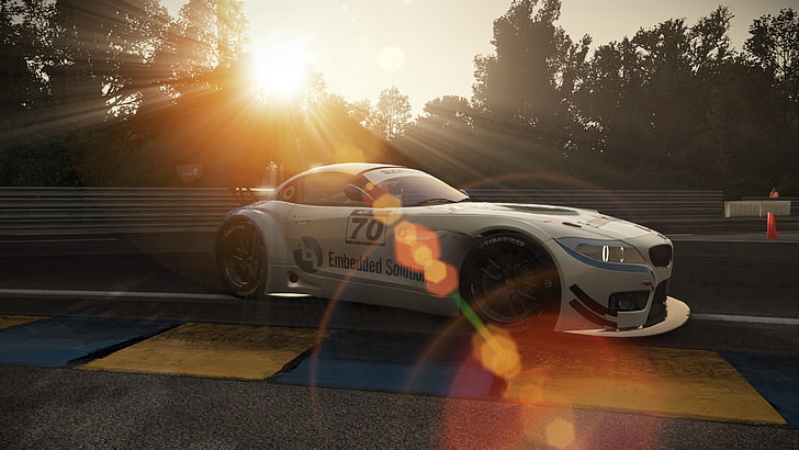 white coupe, Project cars, lens flare, transportation, sunlight