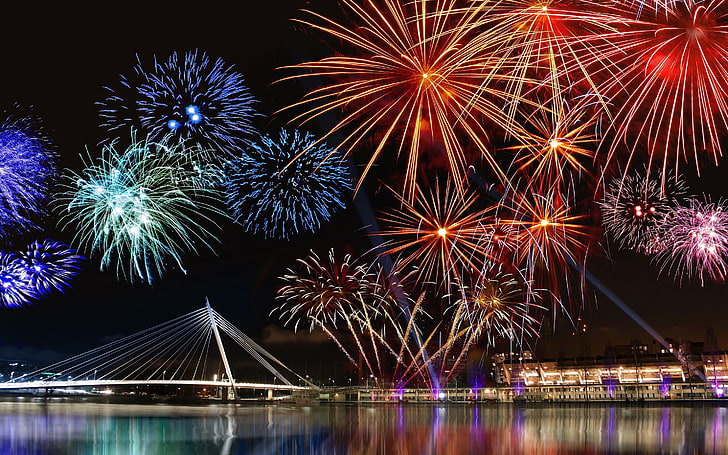 fireworks display, New Year, cityscape, night, illuminated, event, HD wallpaper